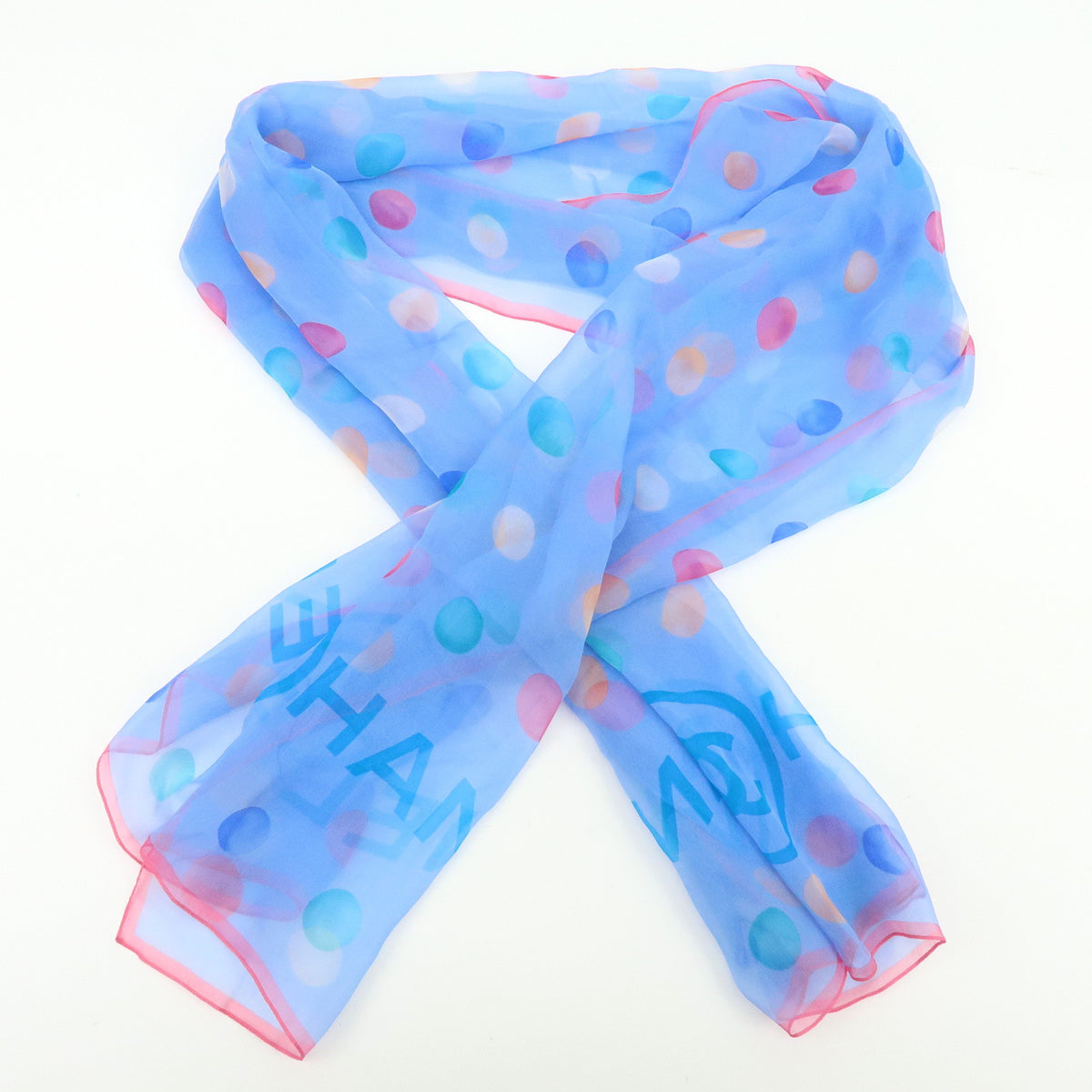 CHANEL Silk100% Dots Pattern Scarf Shawl Light Blue Pink