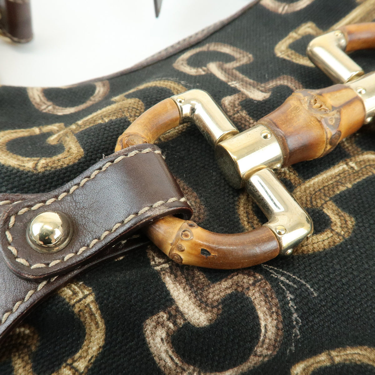GUCCI Bamboo Horsebit Canvas Leather Shoulder Bag Dark Brown 154378