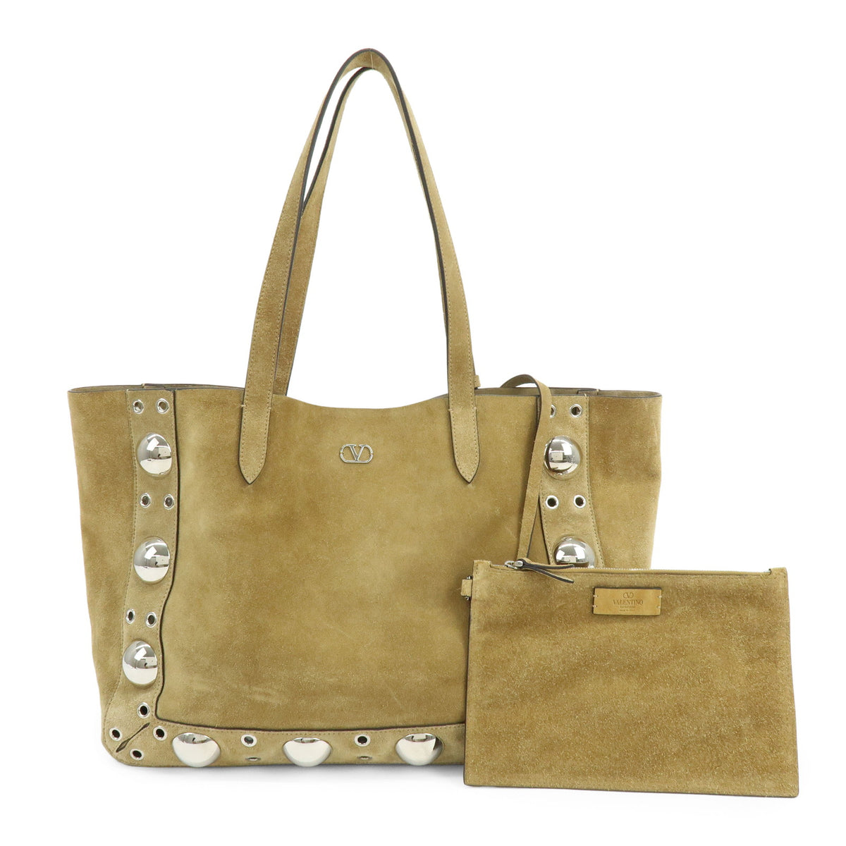 VALENTINO Suede Nellcote Tote Bag Shoulder Bag Beige Silver