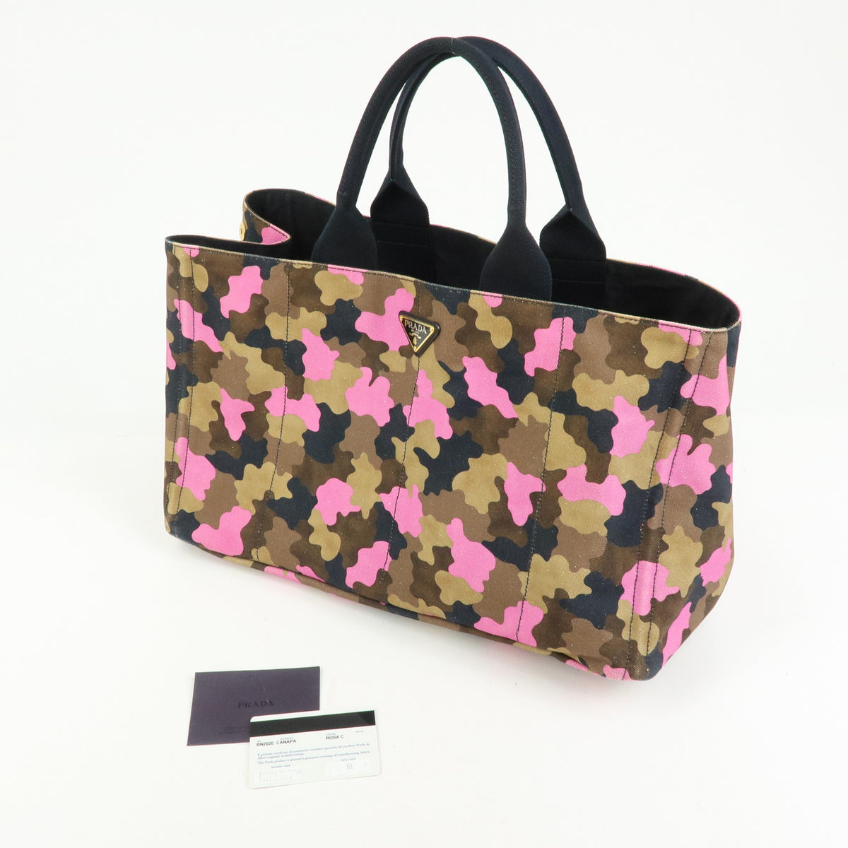 PRADA Triangle Logo Canapa Canvas Tote Bag Camouflage Khaki PInk BN2020
