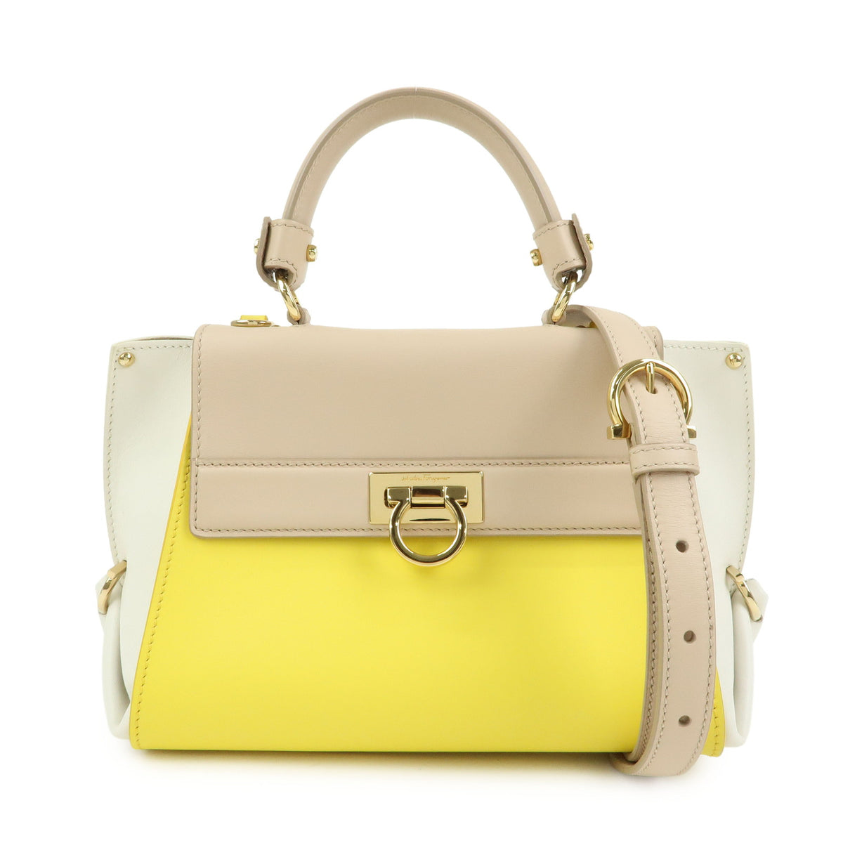 Ferragamo Gantini Leather 2Way Hand Bag Shoulder Bag Yellow Beige White