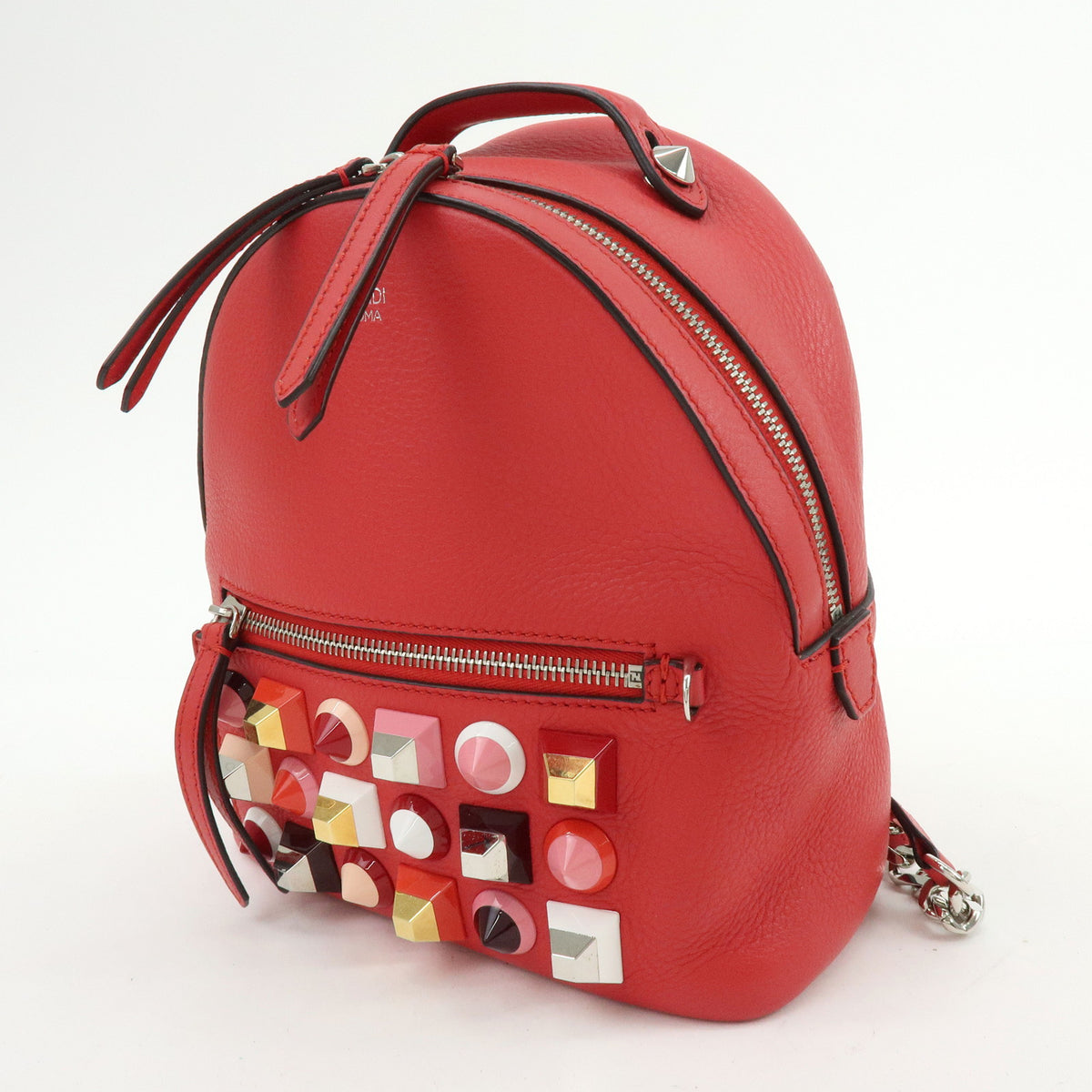 FENDI By the way Leather Mini Backpack Rucksack Studs Red 8BZ038