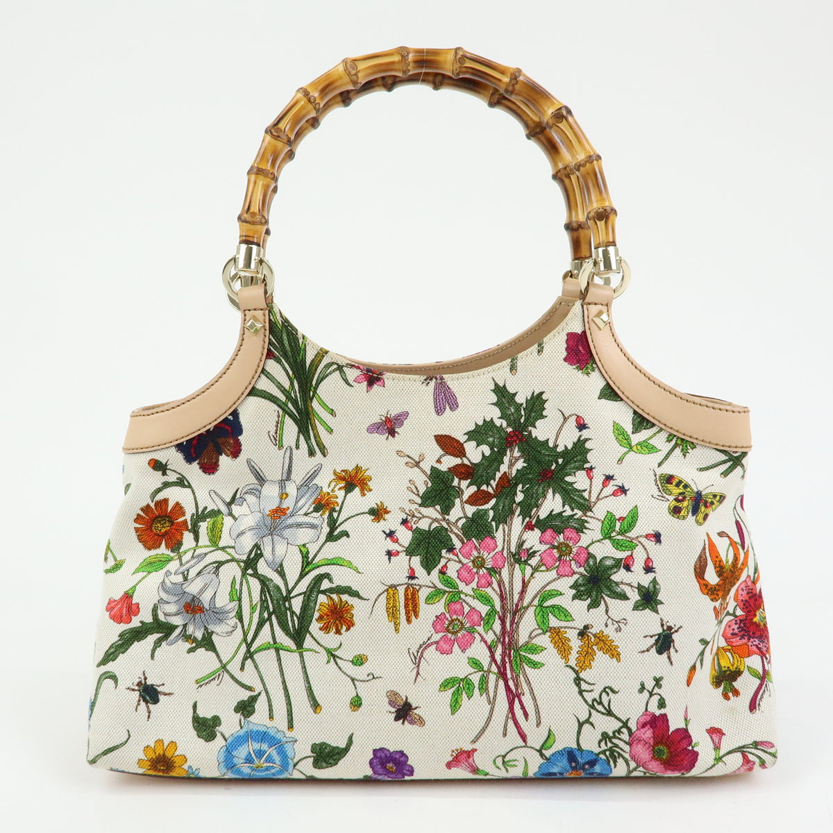 GUCCI Flora Bamboo Canvas Leather Shoulder Bag Hand Bag 137395
