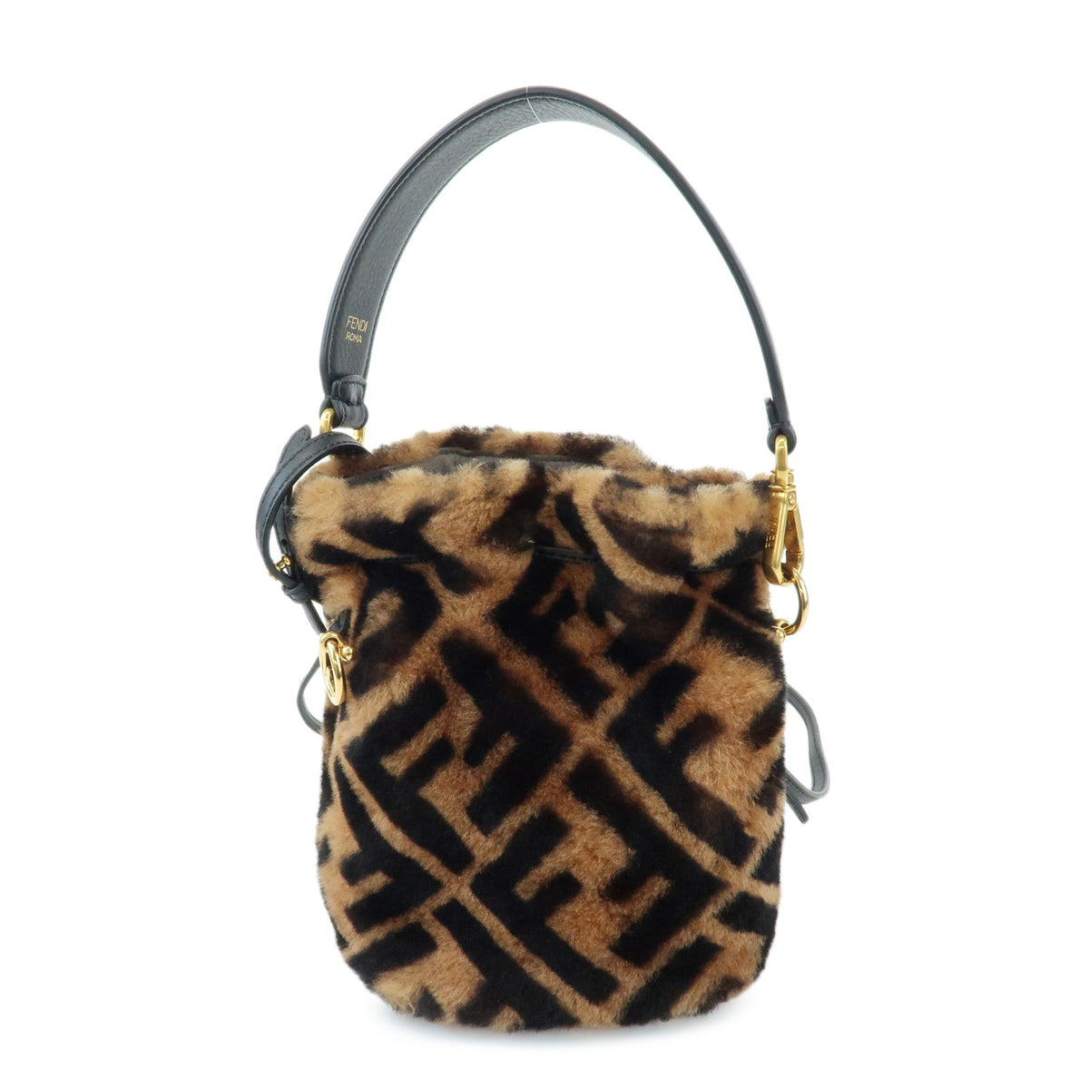 FENDI Zucca Mon Tresor Mouton Leather 2Way Hand Bag Brown Black 8BS010