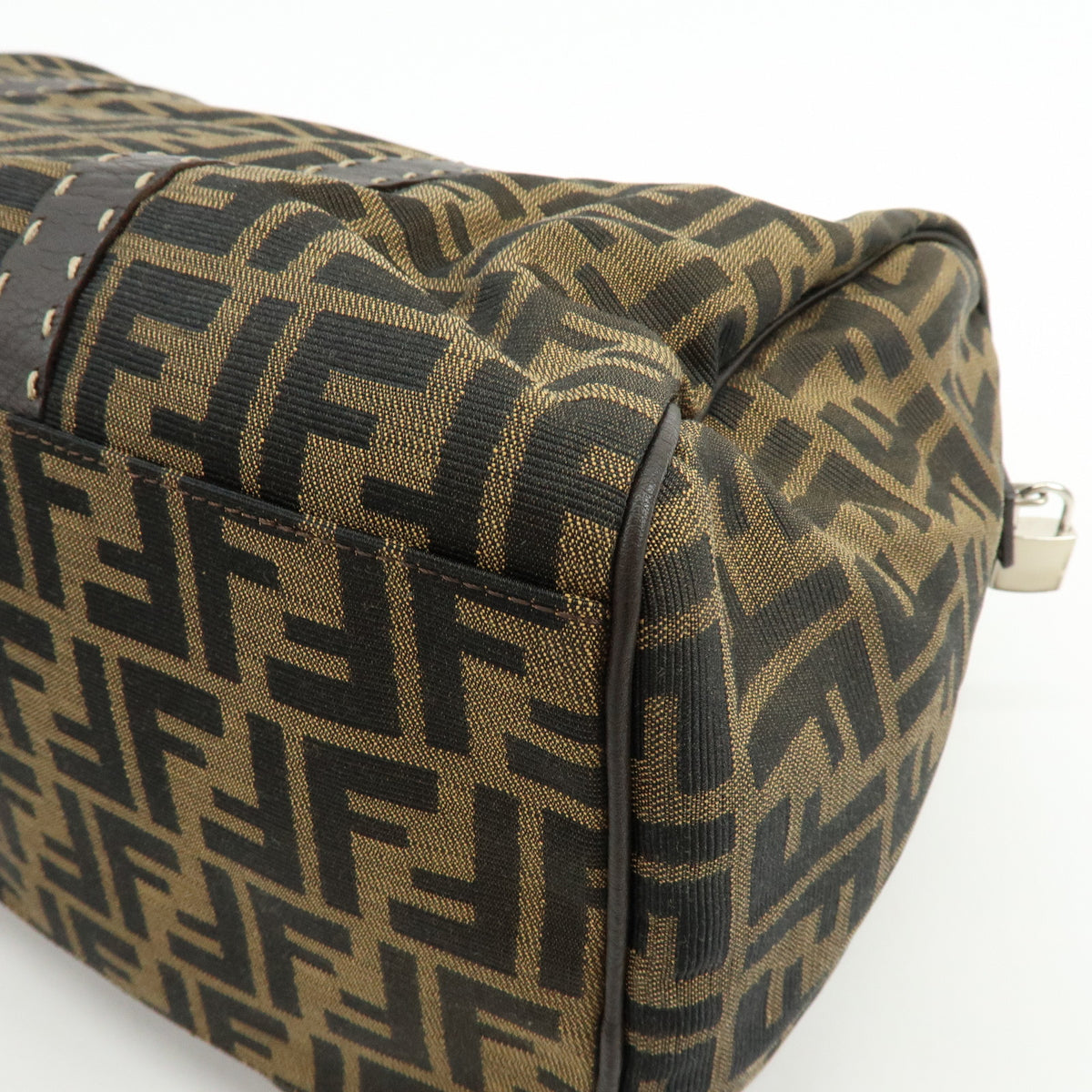 FENDI Zucca Selleria Jacquard Leather Shoulder Bag Boston Bag Brown