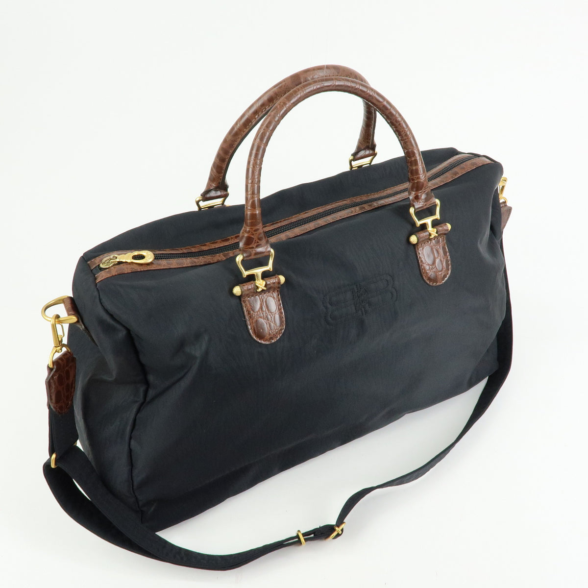 BALENCIAGA Nylon Embossed Leather Boston Bag Black Brown
