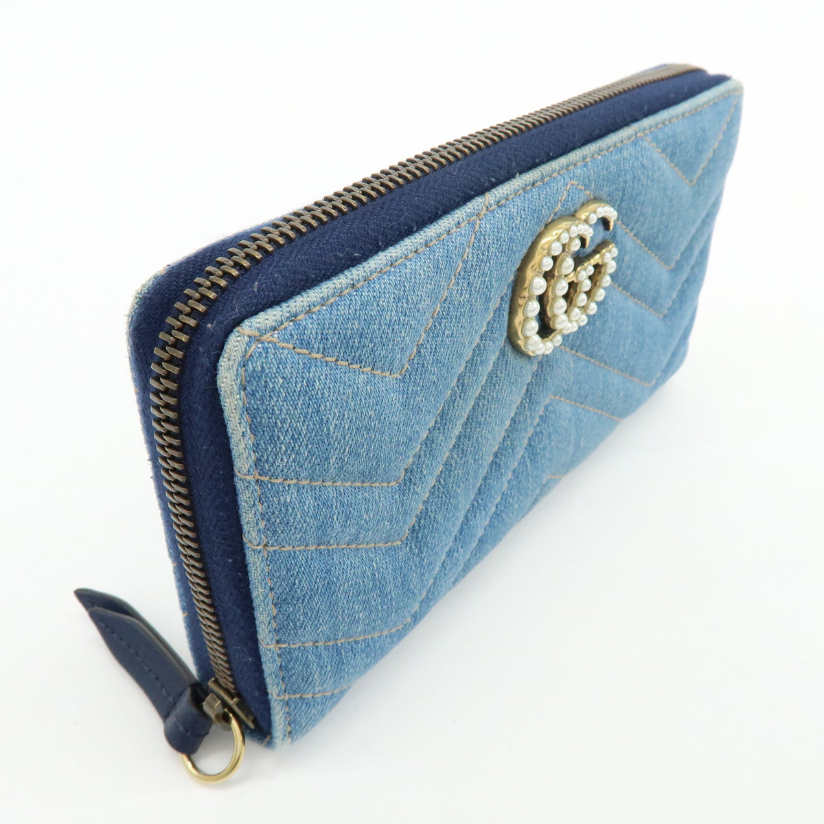 GUCCI GG Marmont Double G Denim Leather Round Zippy Wallet Blue 443123