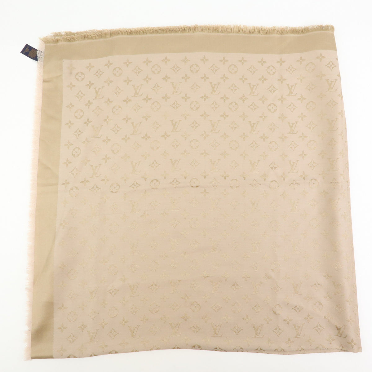 Louis Vuitton Monogram Shine Silk Wool Scarf Shawl Fringe Greige M75121