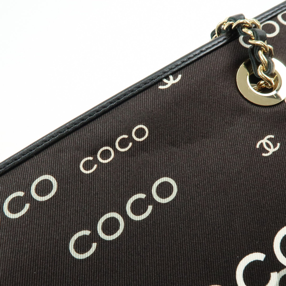 CHANEL COCO Mark Flat Shopper Canvas Leather Chain Tote Bag Black White