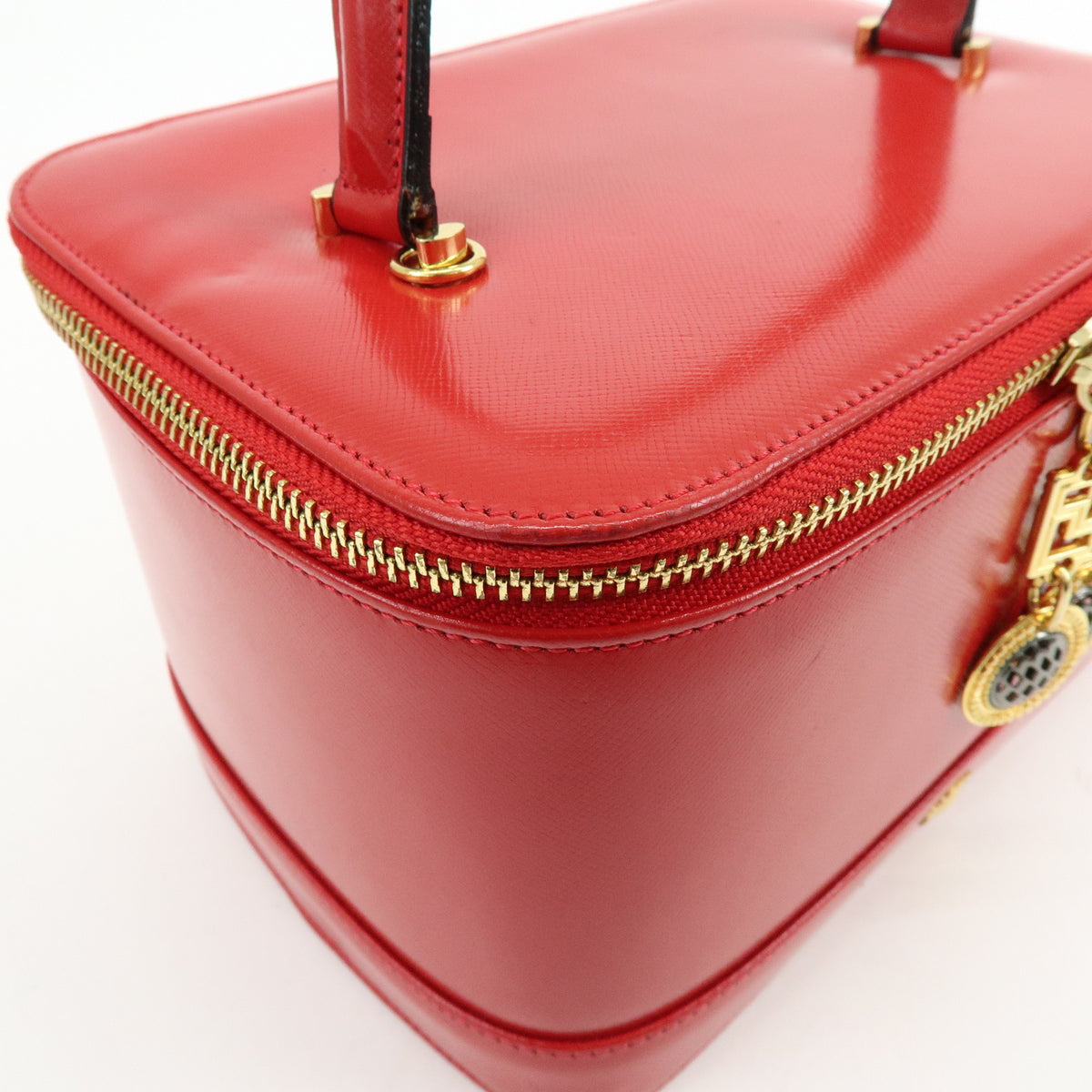 GIANNI VERSACE Leather Hand Bag Vanity Case Sunburst Charm Red