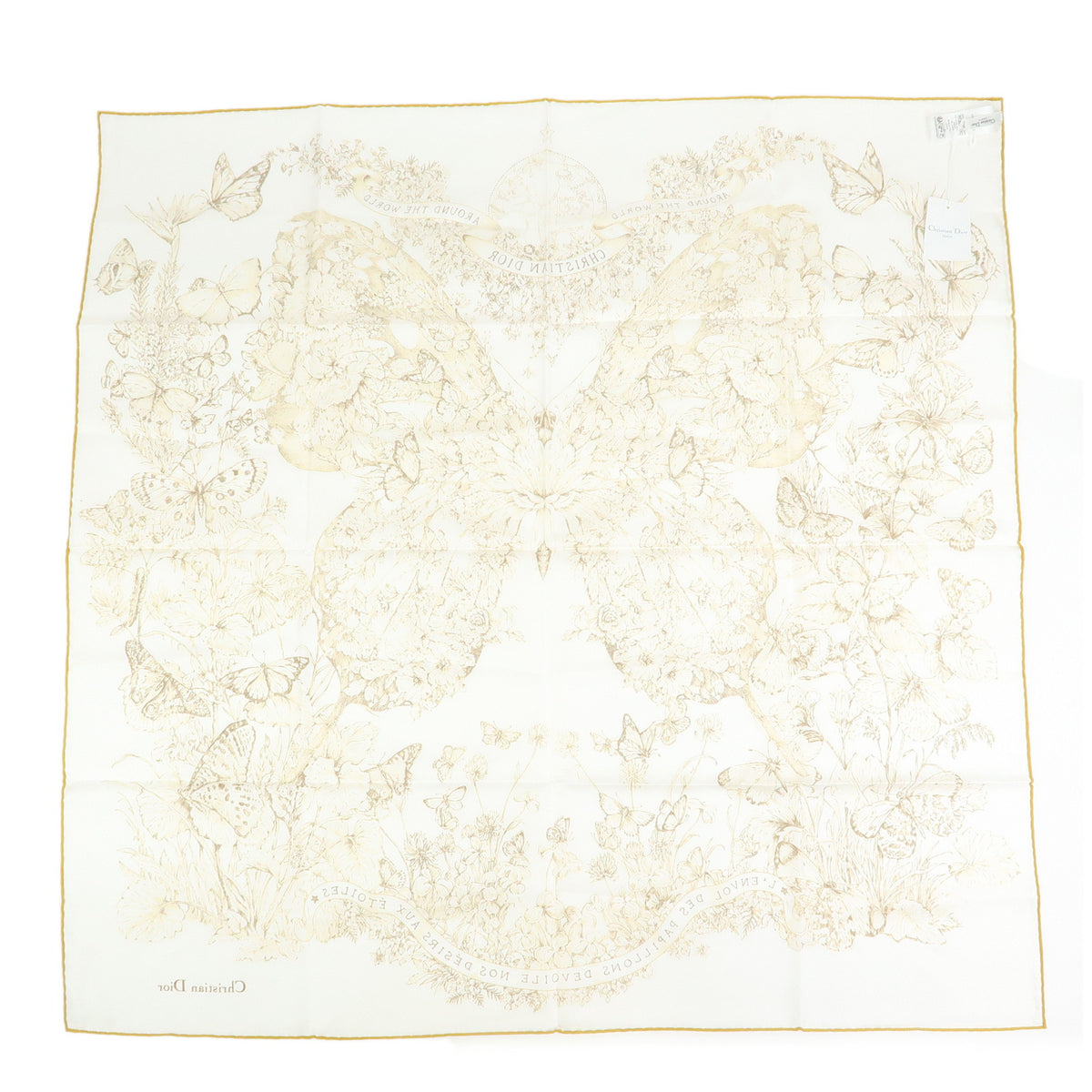 Christian Dior Silk 100% Gold Butterfly Pattern Scarf White Gold