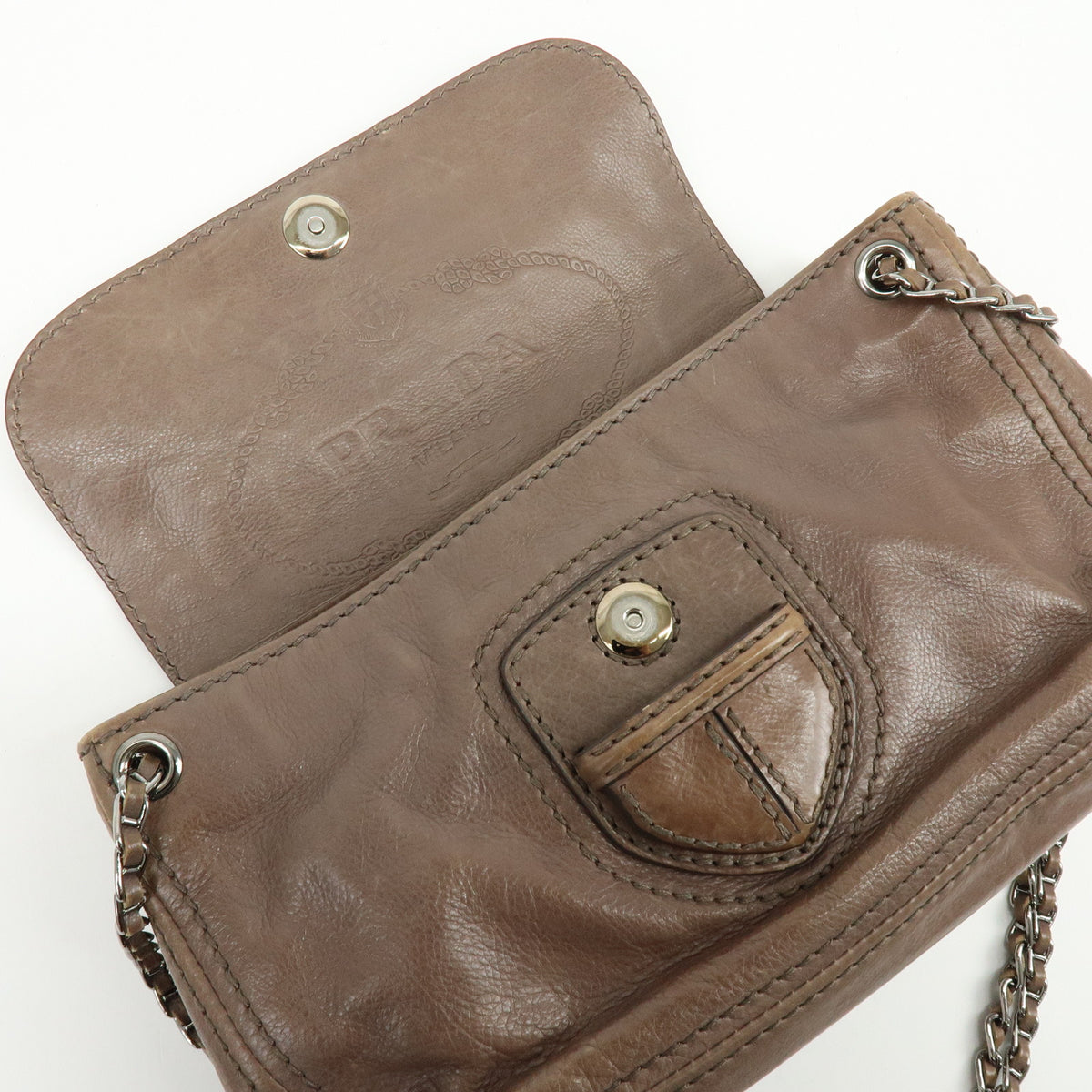 PRADA Logo Leather Flap Chain Shoulder Bag Hand Bag Greige B4659C