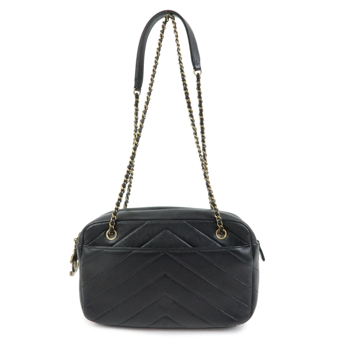 CHANEL Chevron Calf Leather Chain Shoulder Crossbody Bag Balck