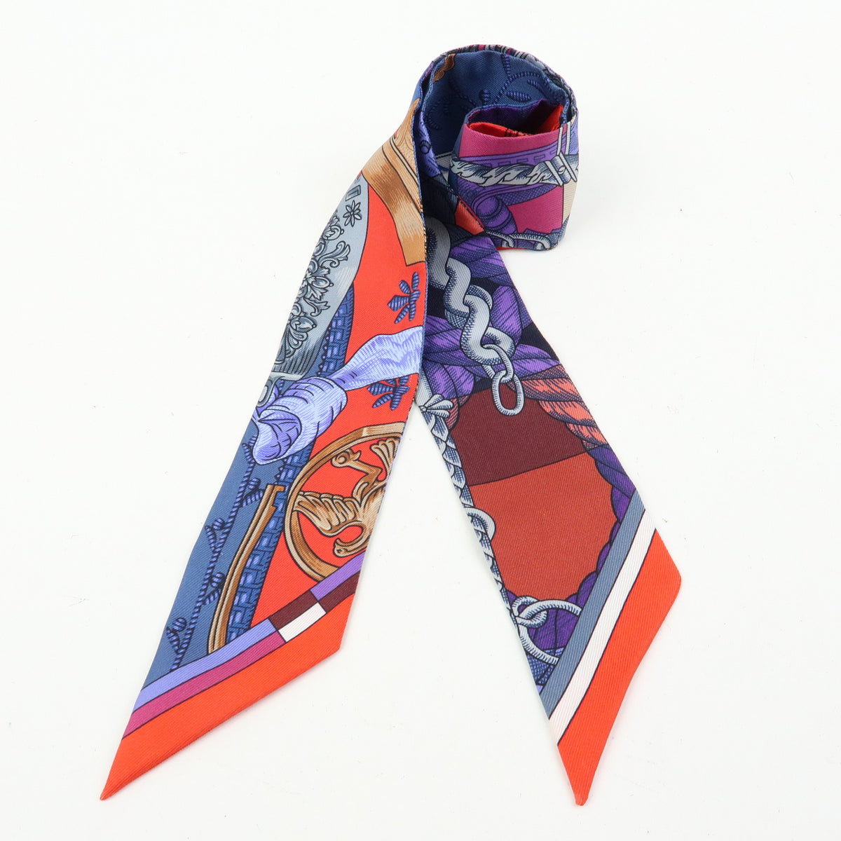 HERMES Twilly Silk 100% Scarf CAVALLERIA D ETRIERS Red Purple Blue