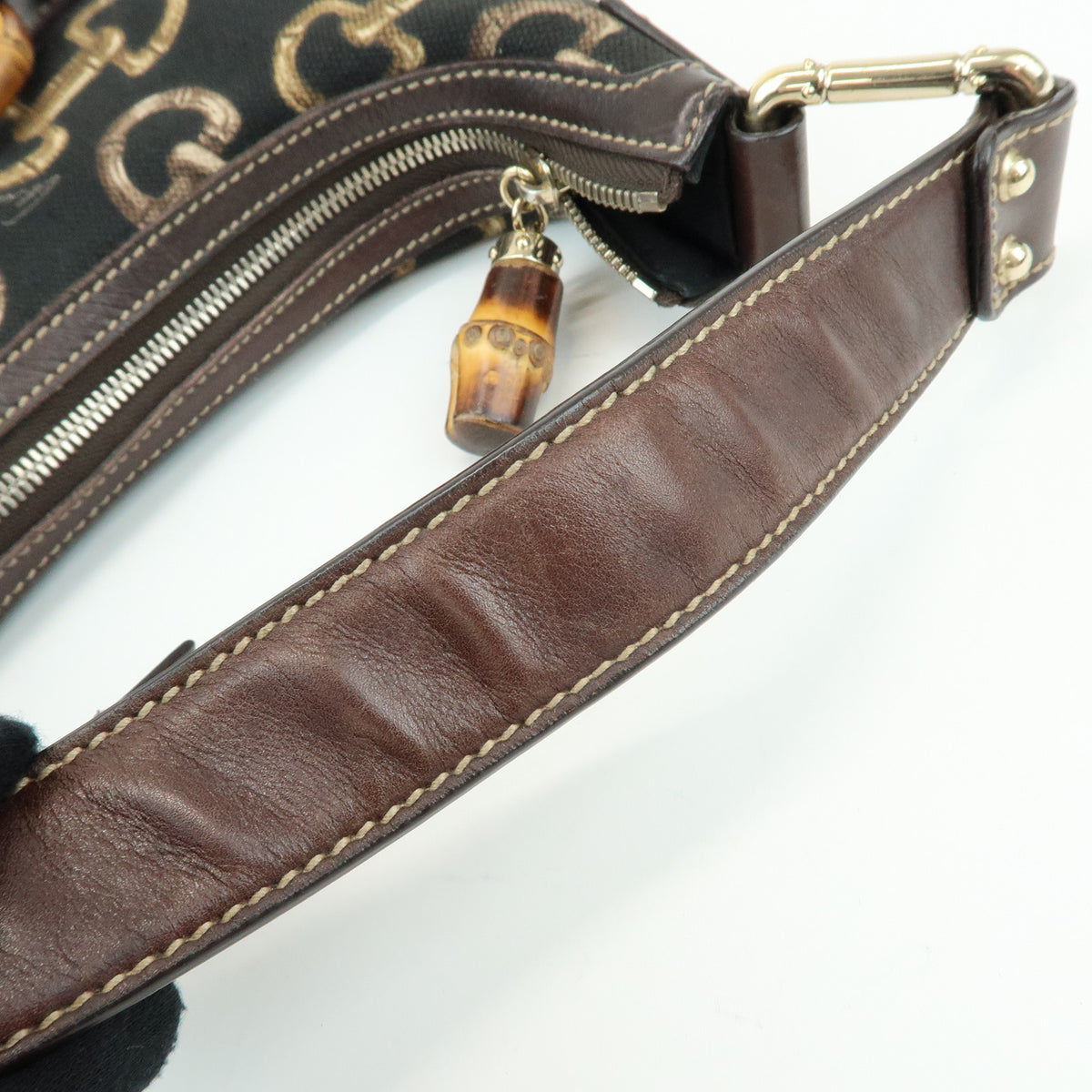GUCCI Bamboo Horsebit Canvas Leather Shoulder Bag Dark Brown 154378
