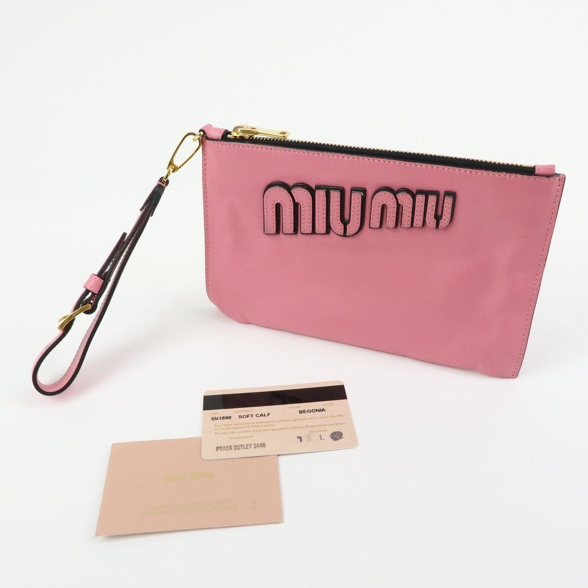 MIU MIU Logo Soft Calf Leather Clutch Bag Flat Pouch Pink 5N1890