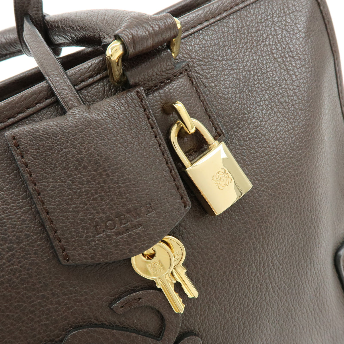 LOEWE Anagram Amazona 35 Leather Boston Bag Hand Bag Dark Brown