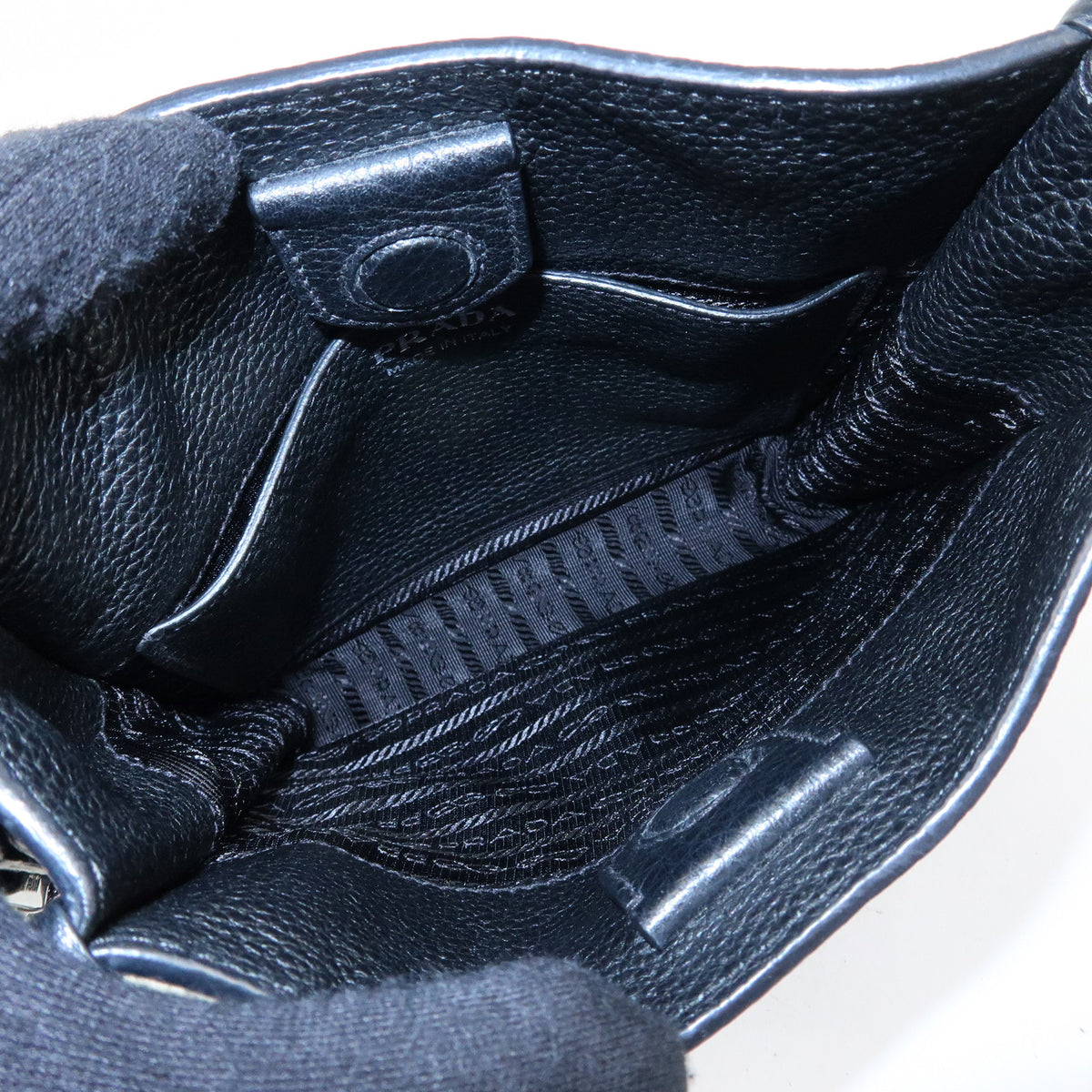 PRADA Triangle Logo Vitello Daino Leather Shoulder Bag Black 1BH191