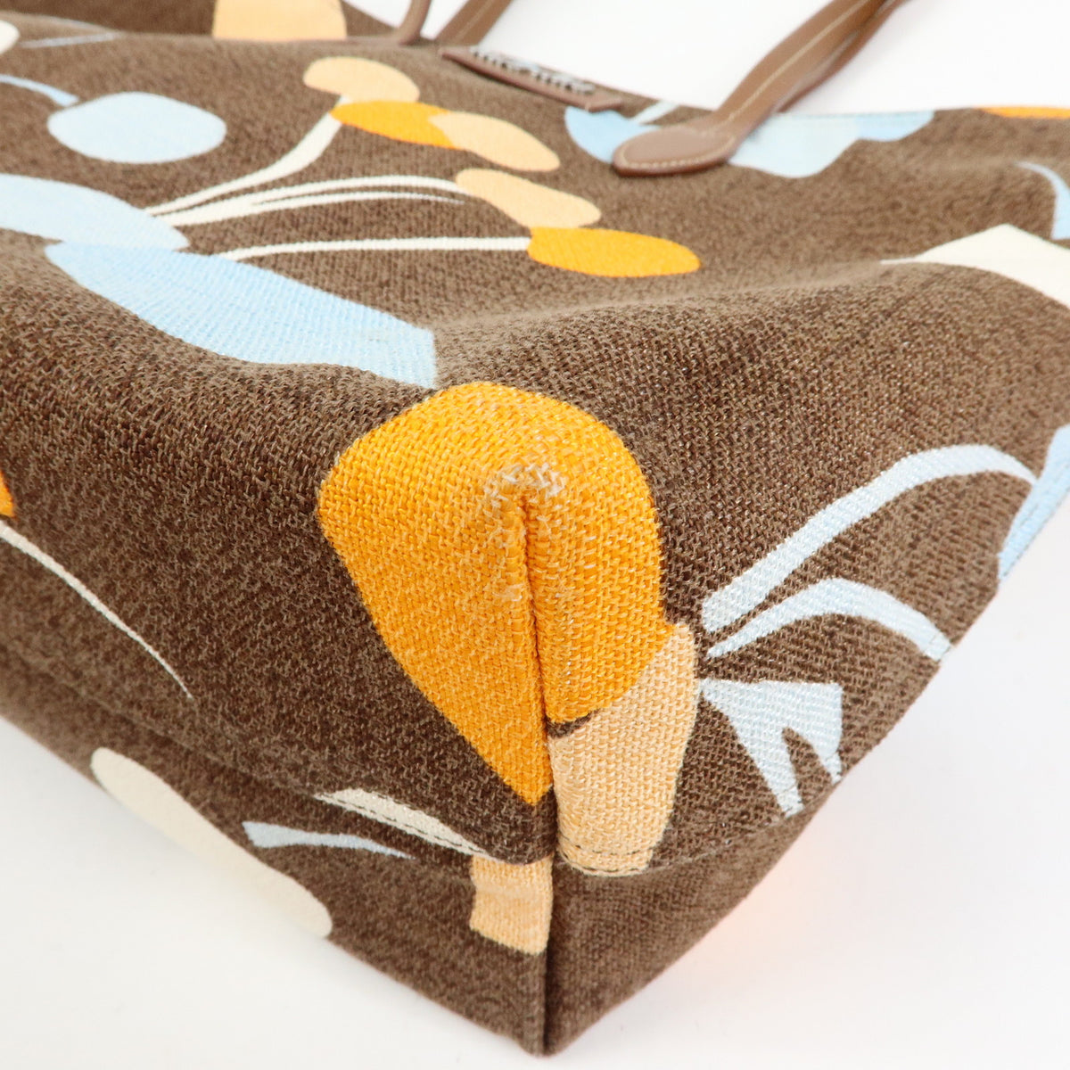MIU MIU Logo Canvas Leather Tote Shoulder Bag Flower Brown 5BG126