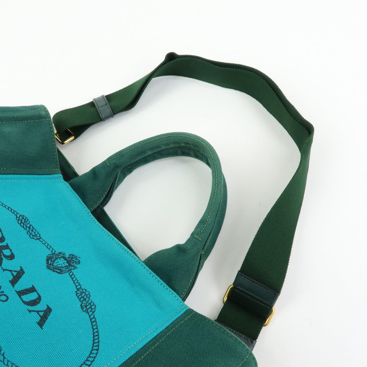PRADA Logo Canapa Triangle Logo 2Way Tote Hand Bag Green Blue BN2642