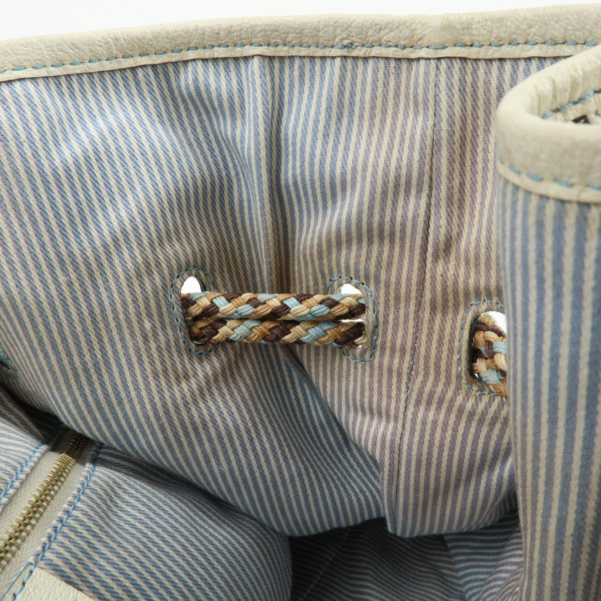 CELINE Macadam Canvas Leather Raffia Hand Bag Light Blue White