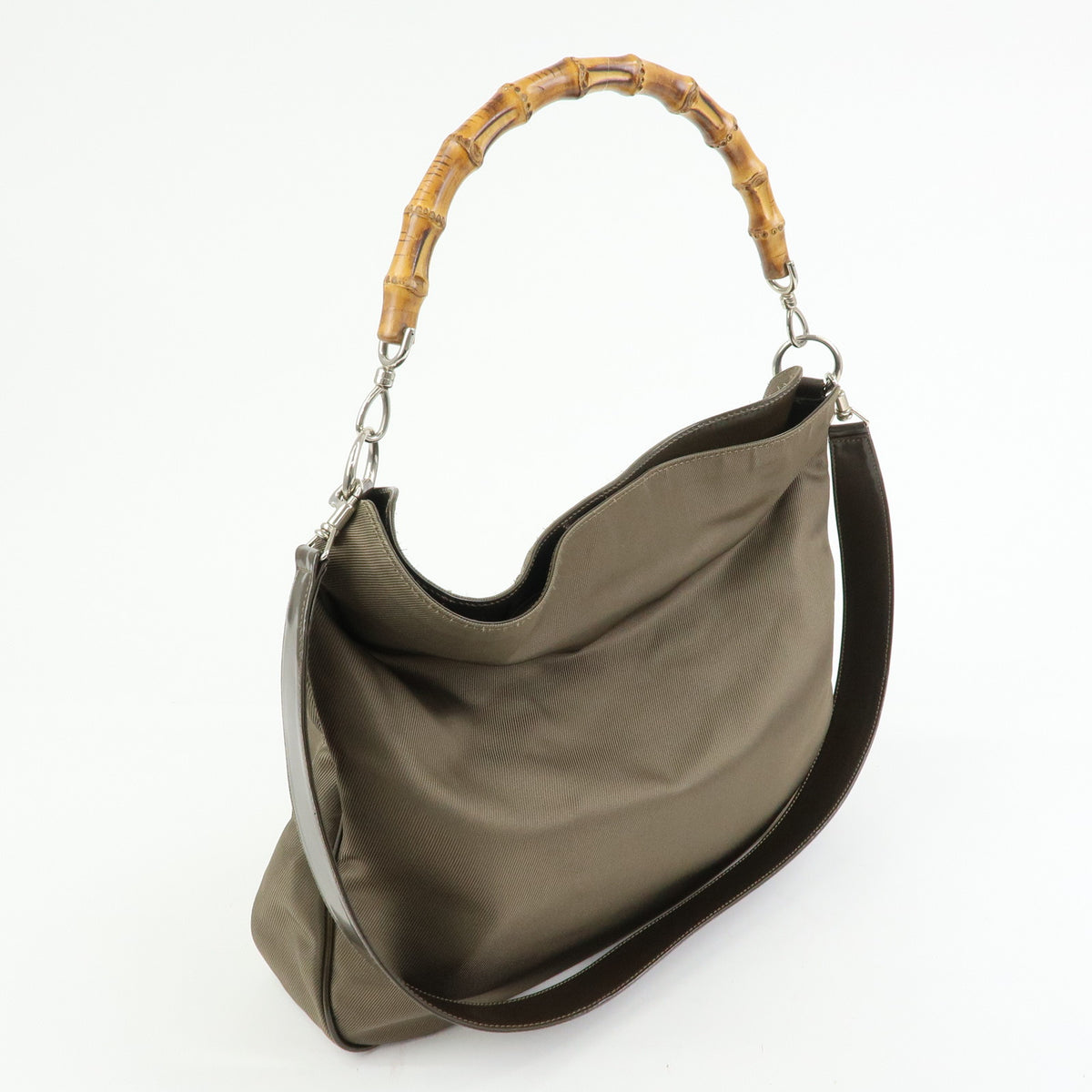 GUCCI Bamboo Nylon Leather 2Way Bag Hand Bag Khaki 001・2123・1577