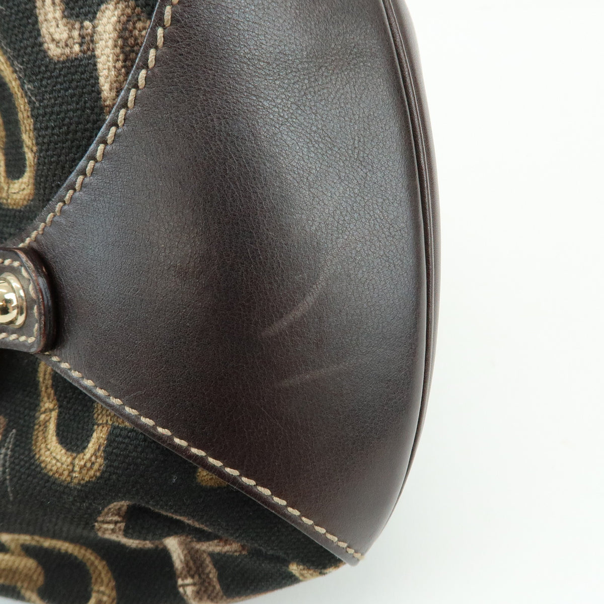 GUCCI Bamboo Horsebit Canvas Leather Shoulder Bag Dark Brown 154378