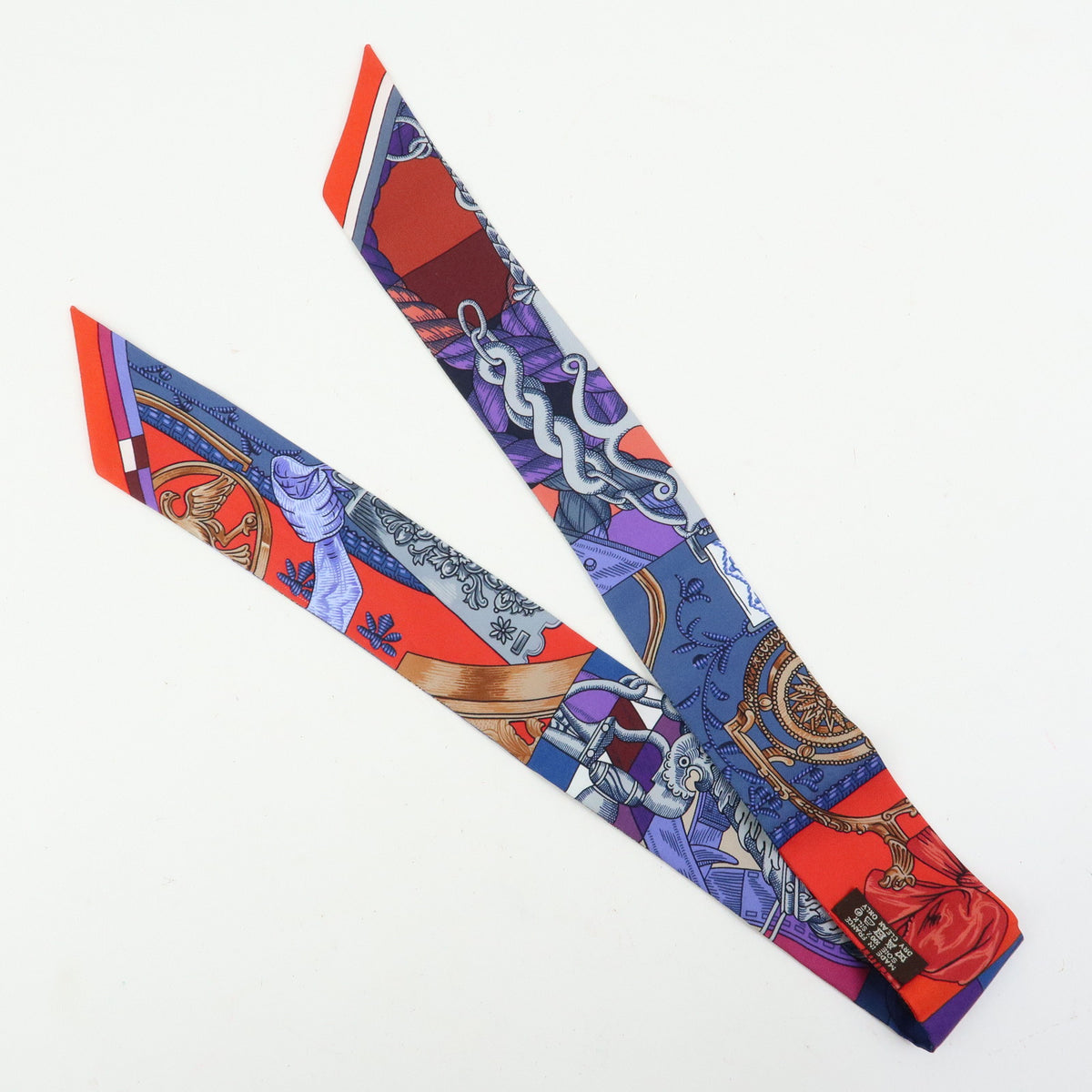 HERMES Twilly Silk 100% Scarf CAVALLERIA D ETRIERS Red Purple Blue