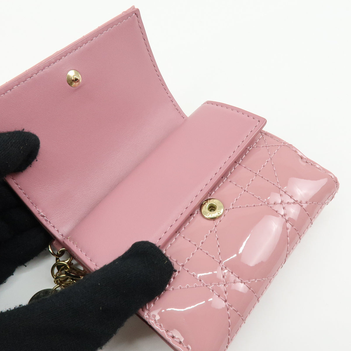 Christian Dior Cannage Lady Dior Patent Leather Compact Wallet Pink