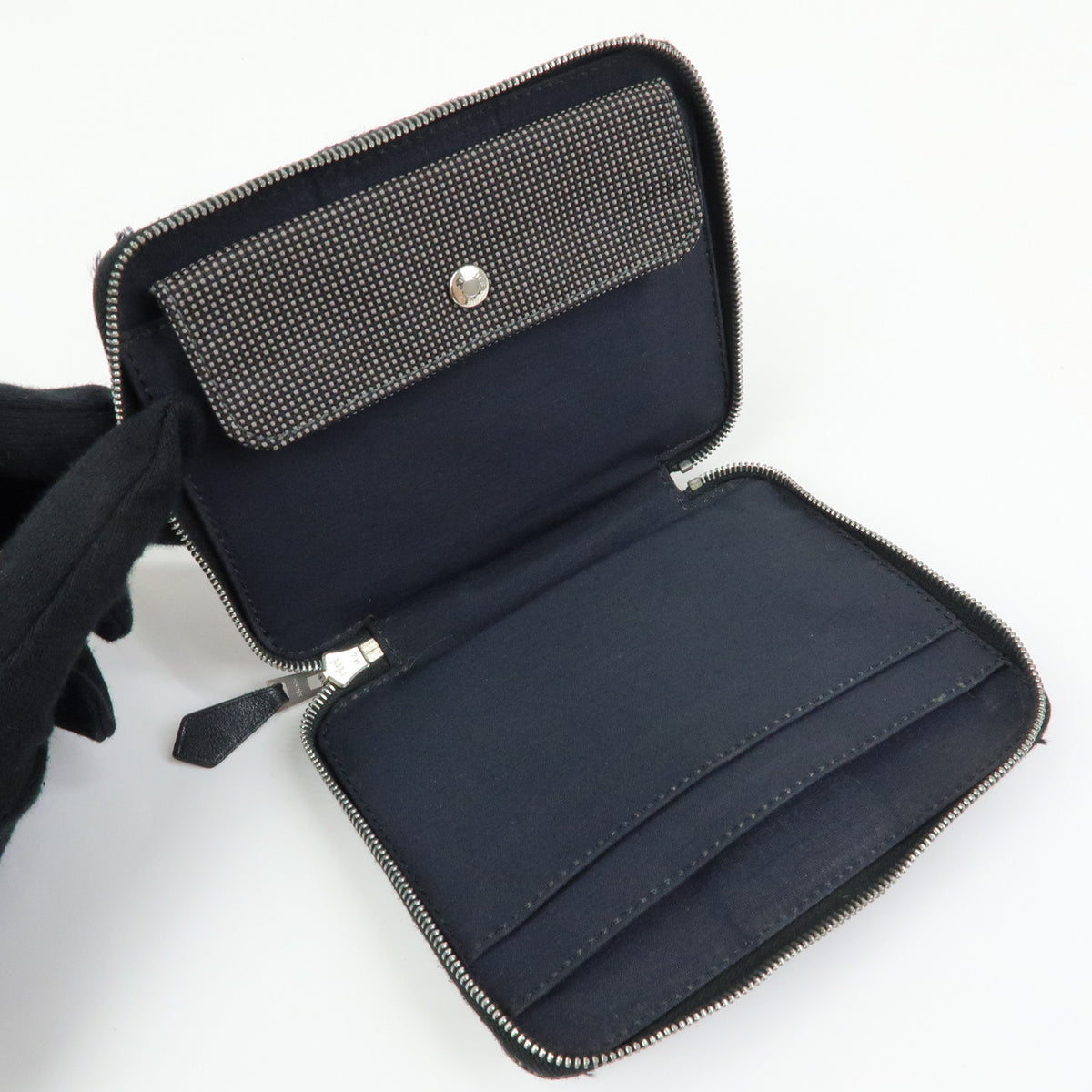 HERMES Herline Purse PM Nylon Canvas Leather Zip Wallet Grey Black
