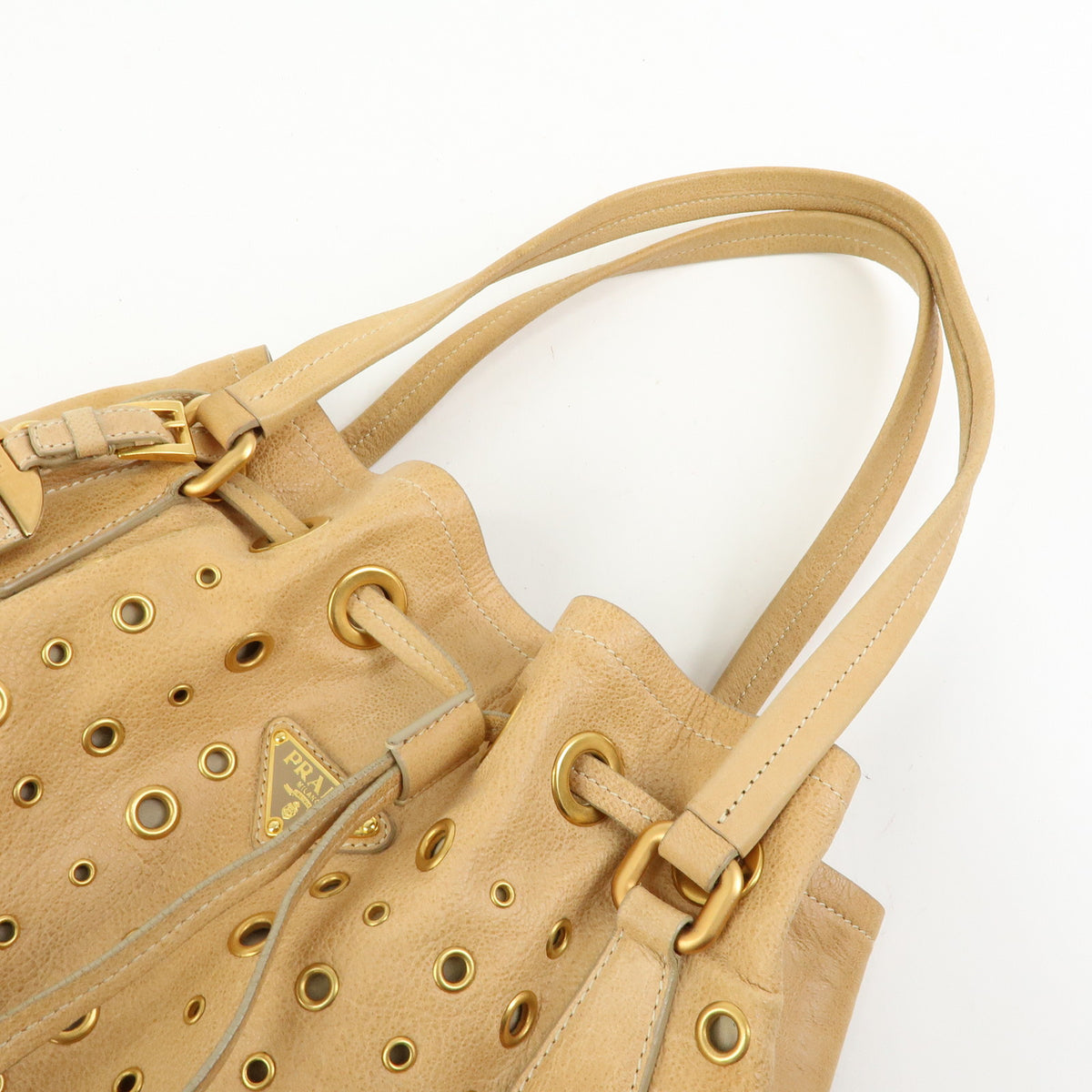 PRADA Triangle Logo Perforated Leather Tote Bag Tassel Beige BR3552