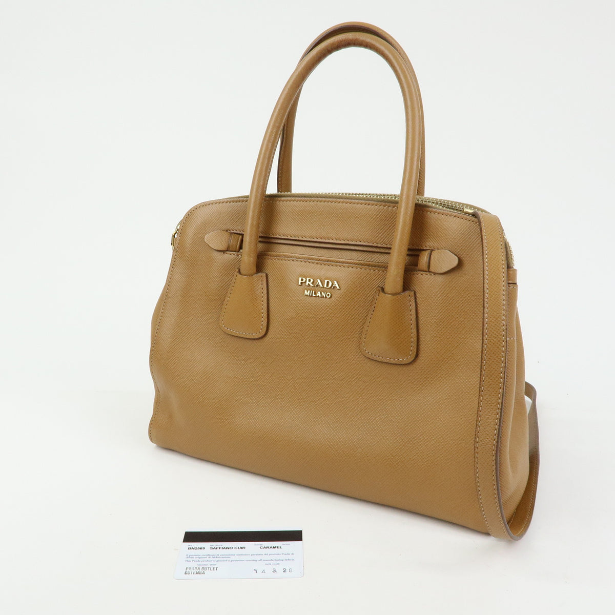 PRADA Logo Saffiano Leather 2Way Bag Hand Bag Shoulder Bag Camel BN2569