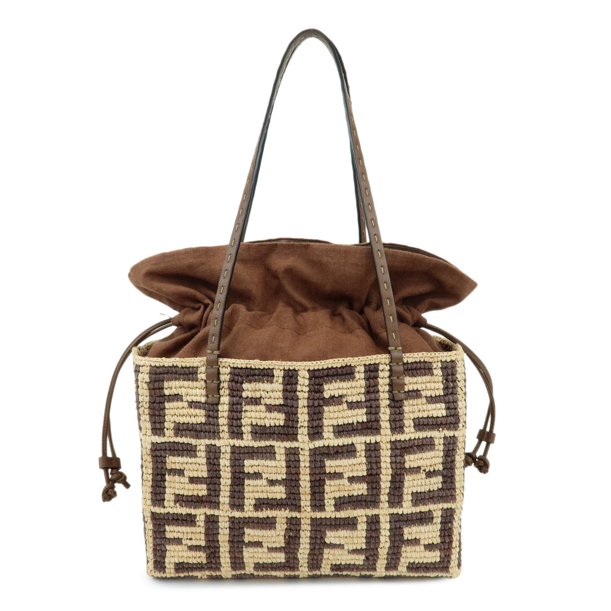 FENDI Zucca Roll Small Raffia Leather Tote Shoulder Bag Brown 8BH424