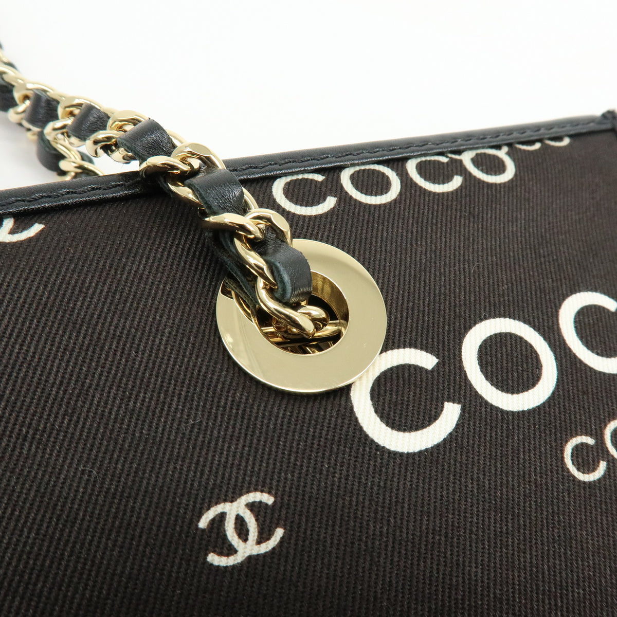 CHANEL COCO Mark Flat Shopper Canvas Leather Chain Tote Bag Black White