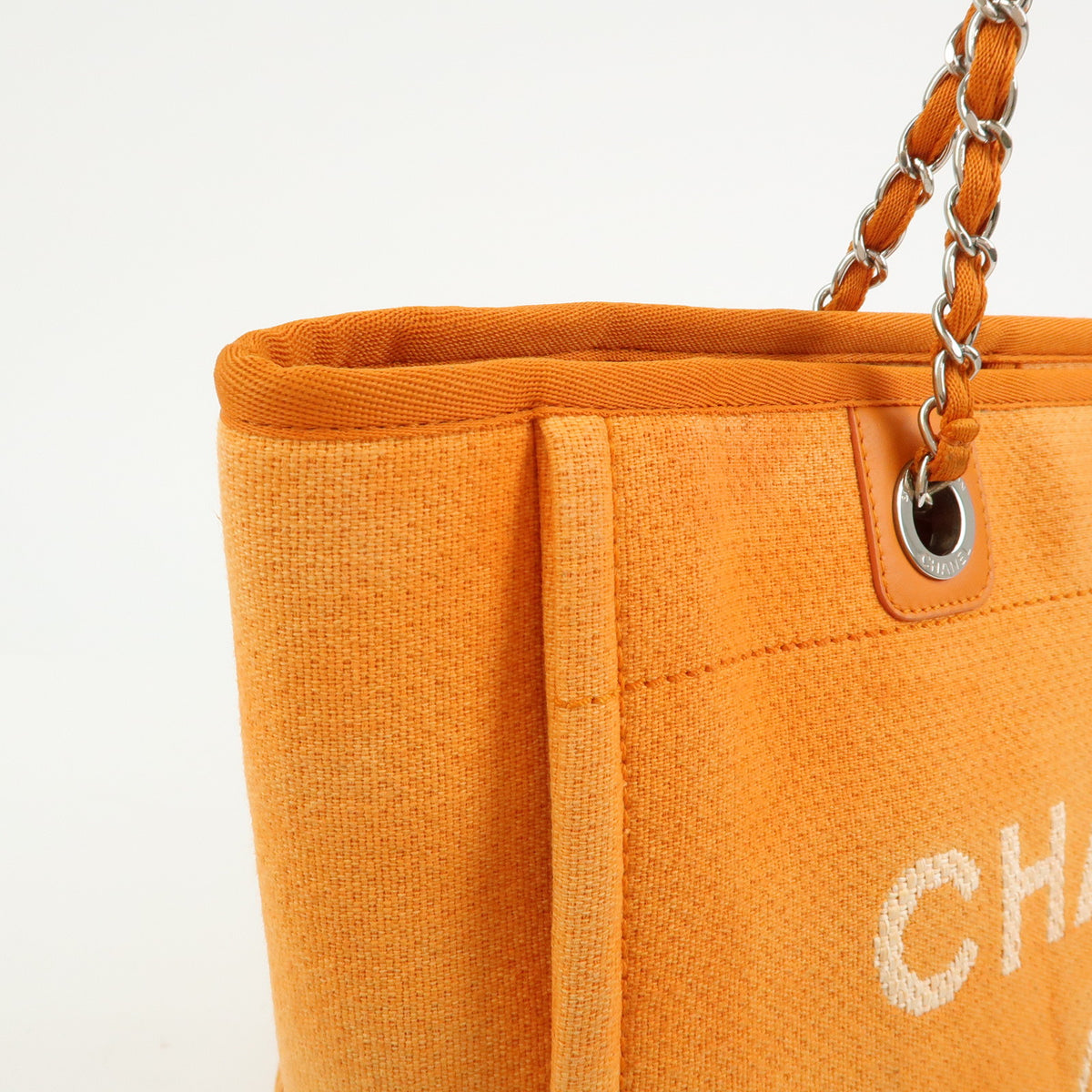 CHANEL Deauville MM Straw Leather Tote Bag Shoulder Bag Orange A67001