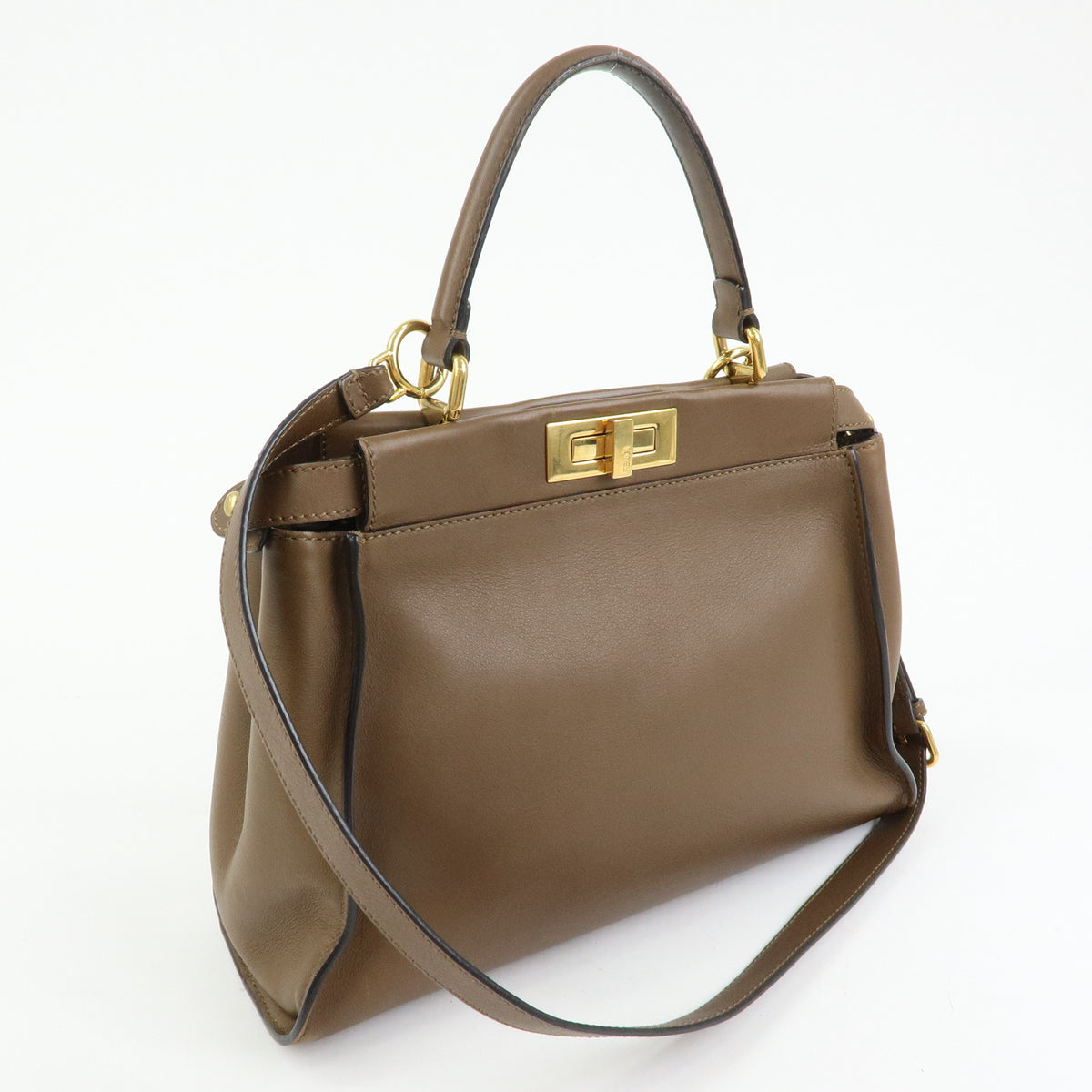 FENDI Peekaboo Medium Leather 2Way Hand Bag Shoulder Bag Brown 8BN290
