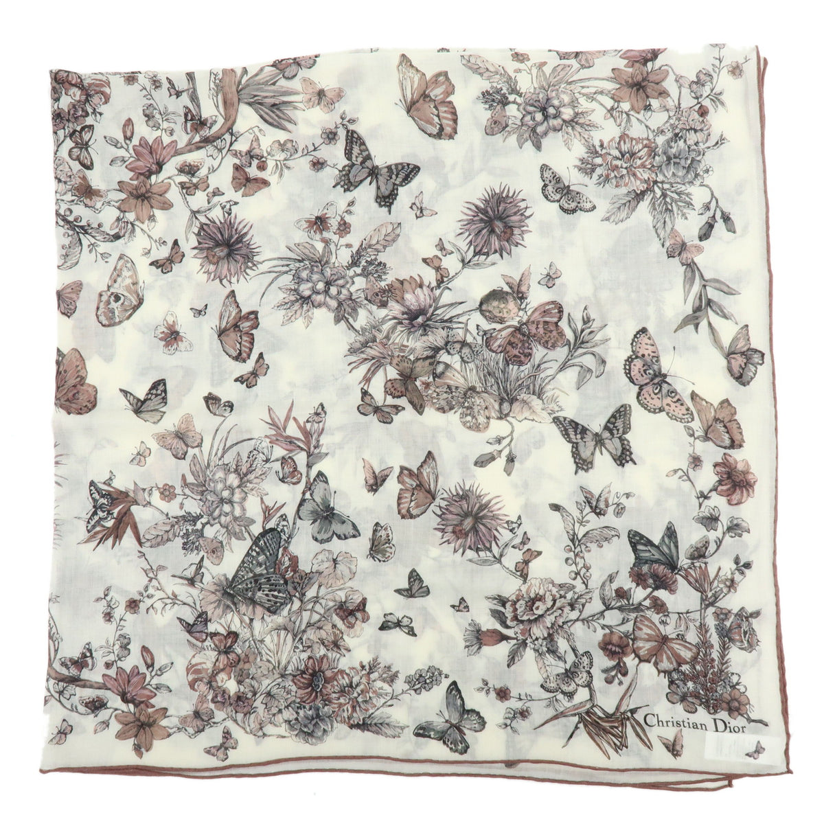 Christian Dior Cashmere 100% Scarf Butterfly Floral White Pink Black