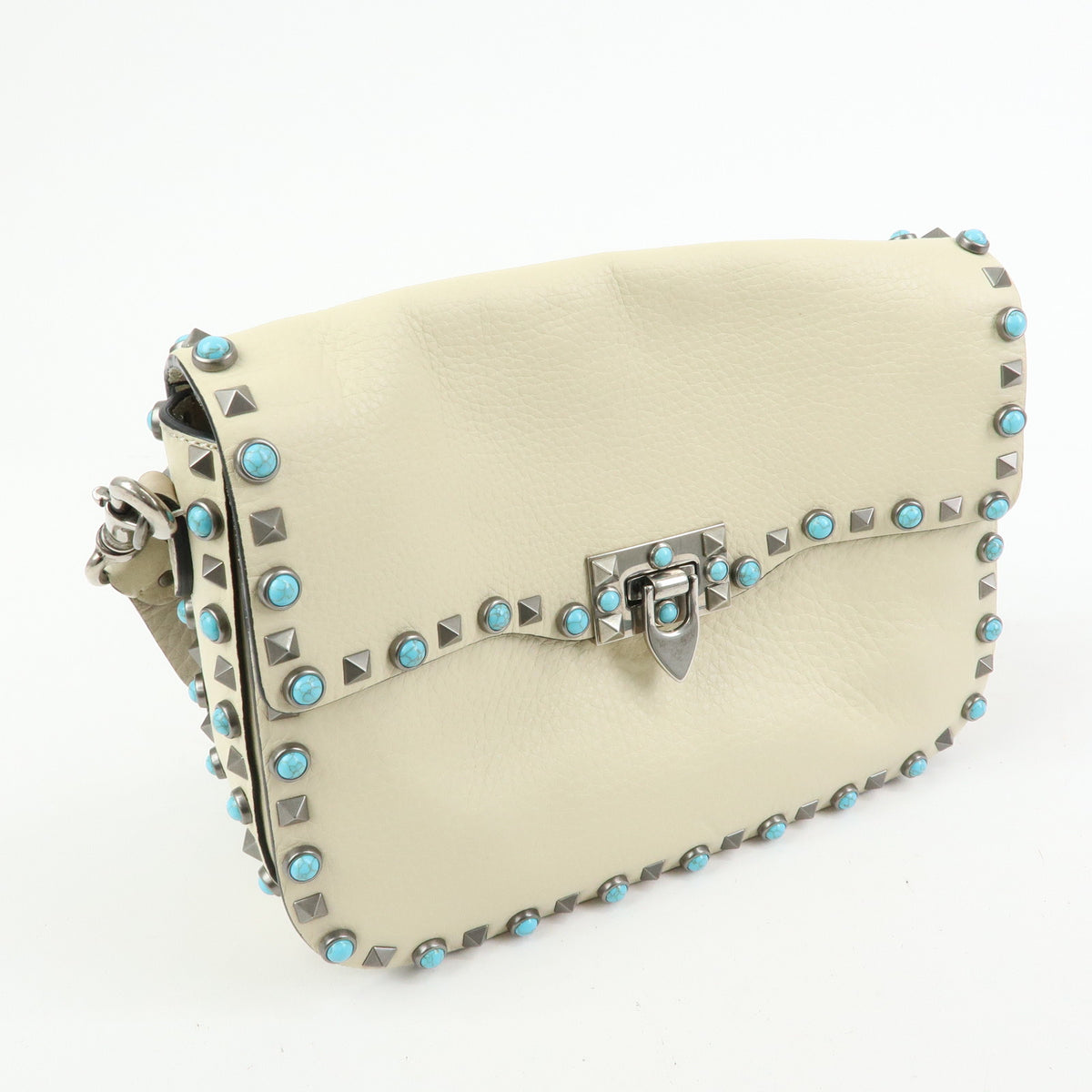 VALENTINO Rockstuds Rolling Guitar Strap Leather Shoulder Bag Ivory