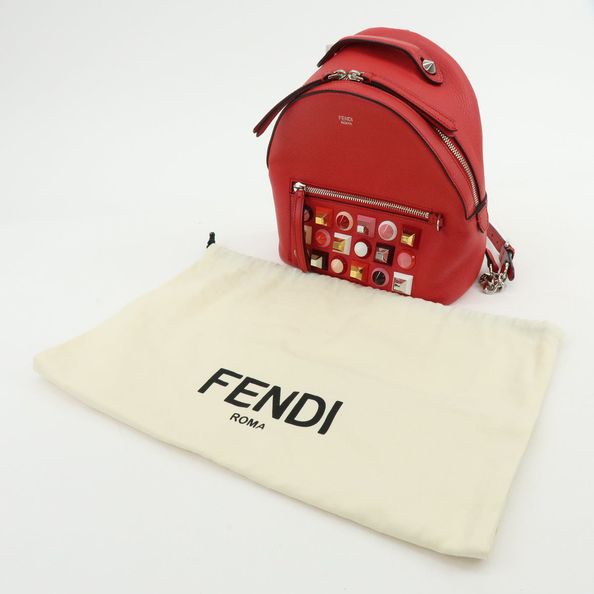 FENDI By the way Leather Mini Backpack Rucksack Studs Red 8BZ038
