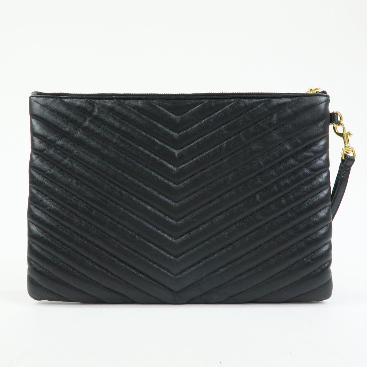 SAINT LAURENT PARIS V Stitch Leather Clutch Bag Flat Pouch Black