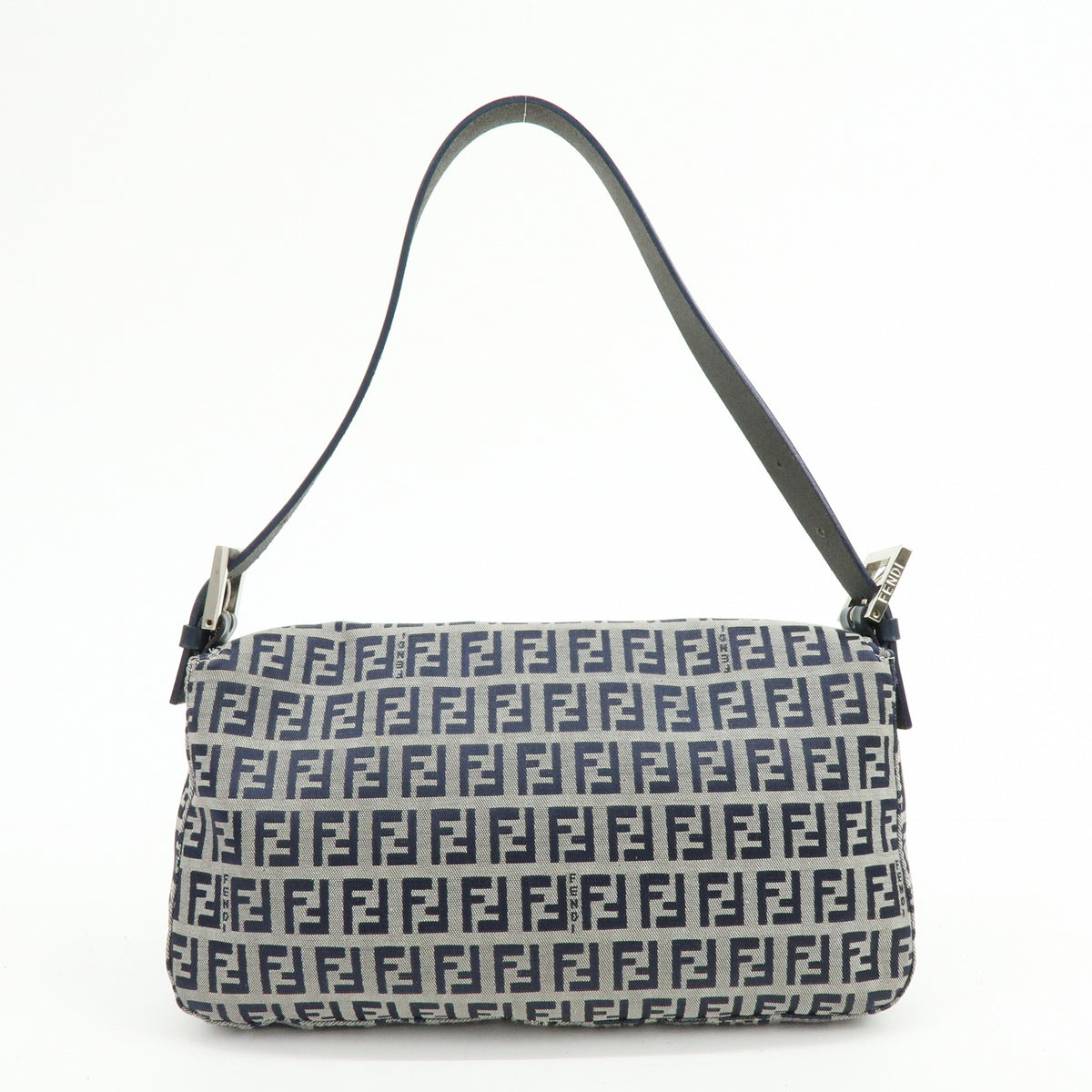 FENDI Mamma Baguette Zucchino Canvas Leather Shoulder Bag Navy 26424