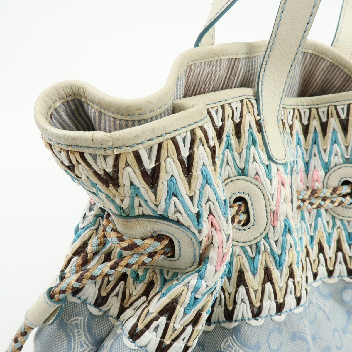 CELINE Macadam Canvas Leather Raffia Hand Bag Light Blue White