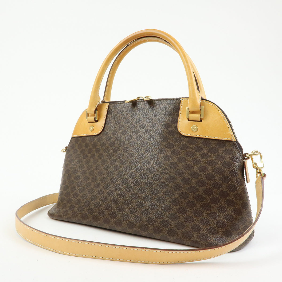 CELINE Macadam PVC Leather 2Way Bag Hand Bag Shoulder Bag Brown Beige