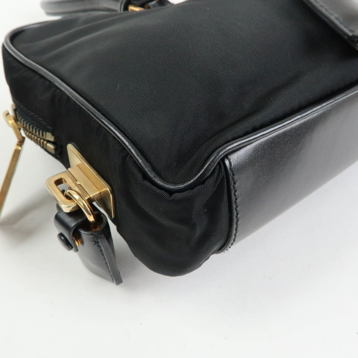 PRADA Triangle Log Nylon Leather Shoulder Bag Hand Bag Black