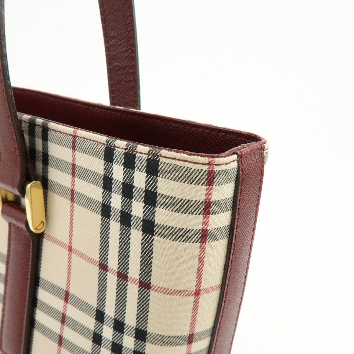 BURBERRY Nova Plaid Canvas Leather Tote Bag Shoulder Bag Beige Wine Red