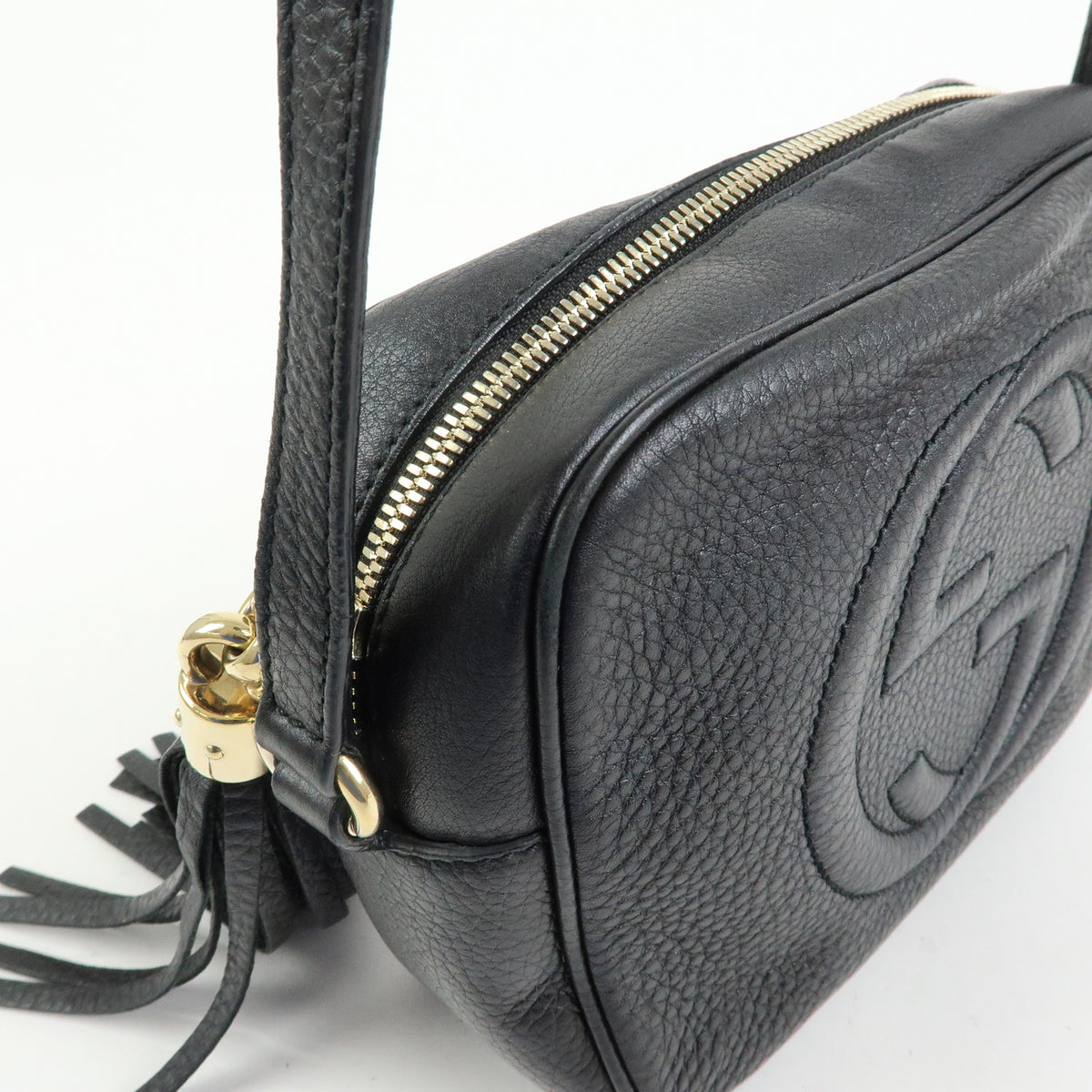GUCCI Interlocking G SOHO Leather Shoulder Bag Fringe Black 308364