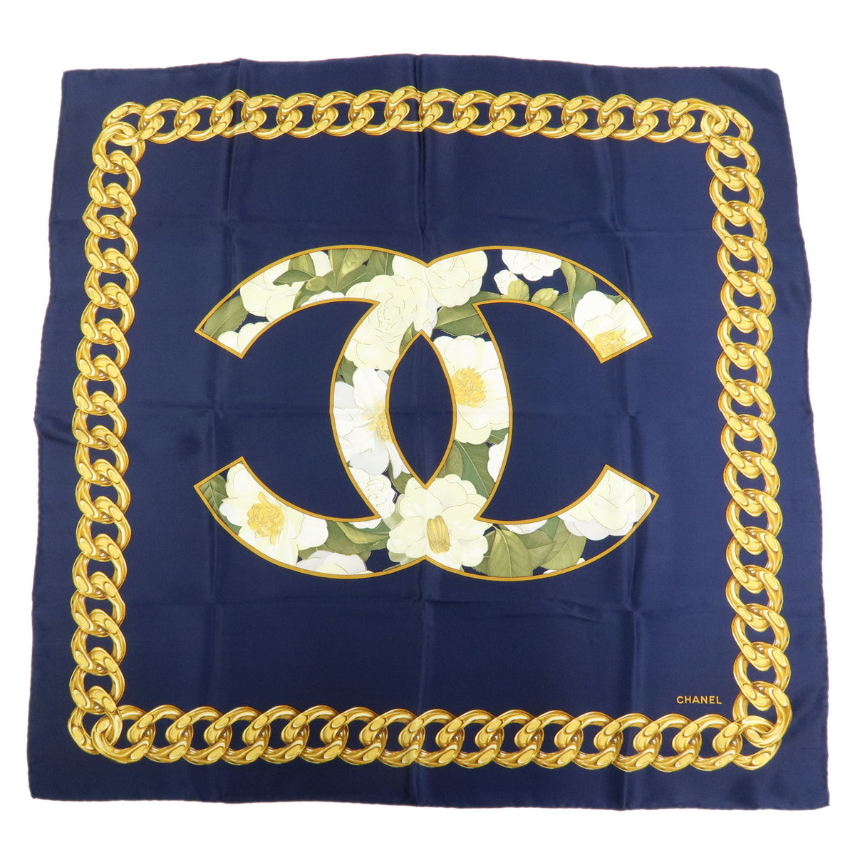 CHANEL COCO Mark Silk 100% Scarf Navy Yellow White