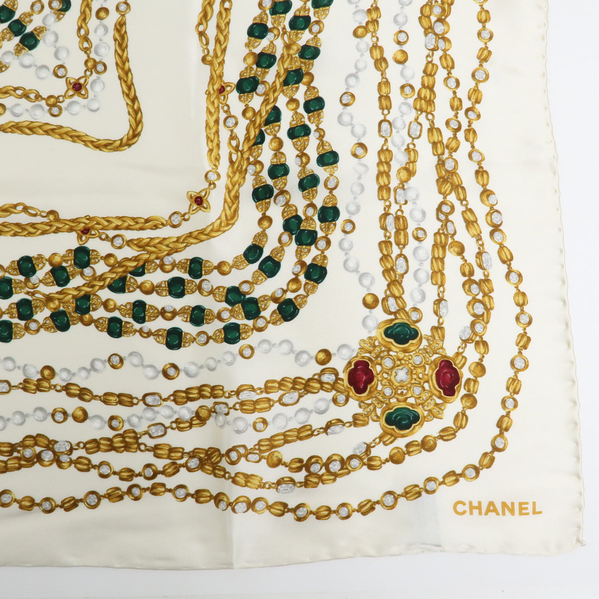 CHANEL Silk 100% Scarf Chain Print White Yellow