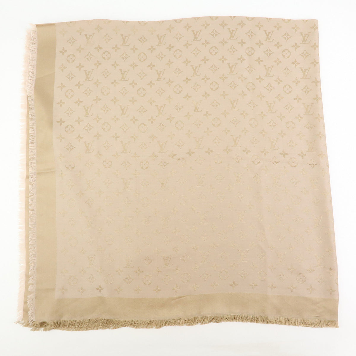 Louis Vuitton Monogram Shine Silk Wool Scarf Shawl Fringe Greige M75121