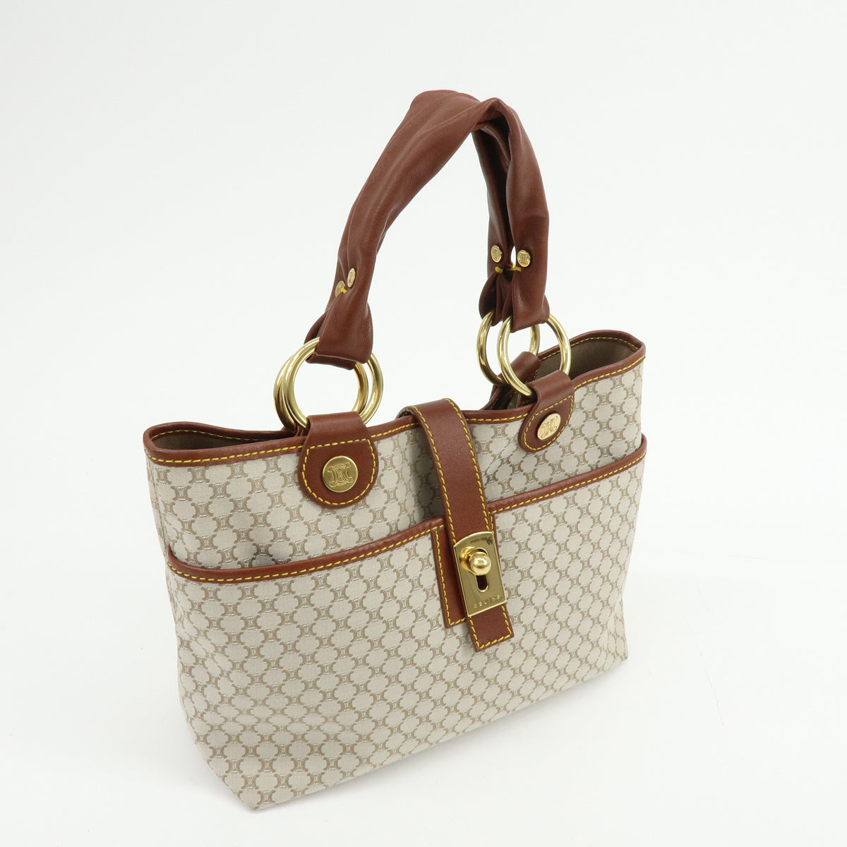 CELINE Macadam Canvas Leather Tote Bag Hand Bag Beige Brown